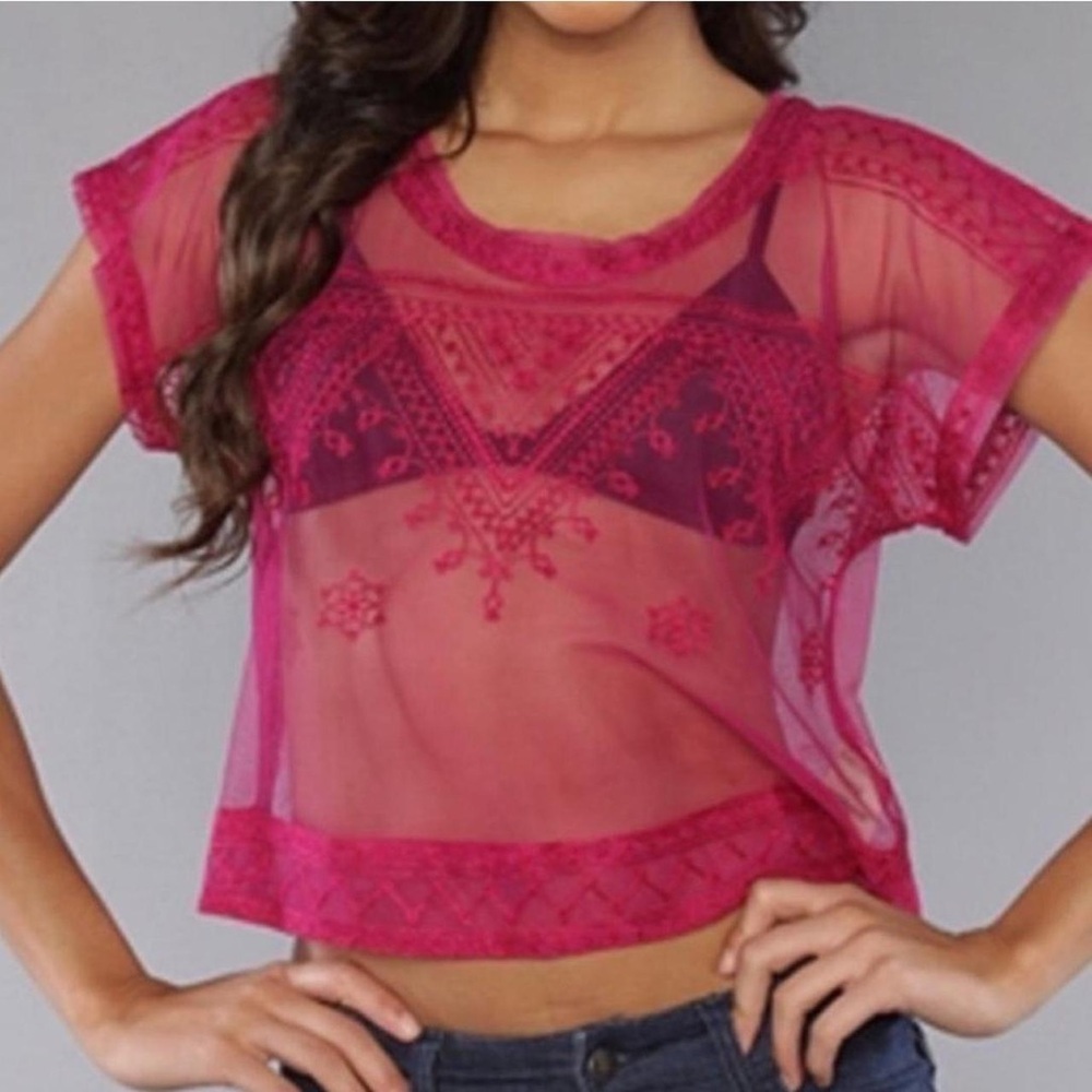 Free People Vicki Lace Embroidered Sheer Mesh Top in Fuchsia Pink - Size XS